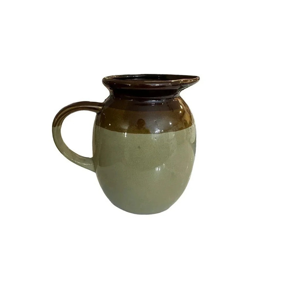Vintage 70s Stoneware Crock Jug Pitcher Brown Tan Milk Pitcher Bohemian - Picture 1 of 9